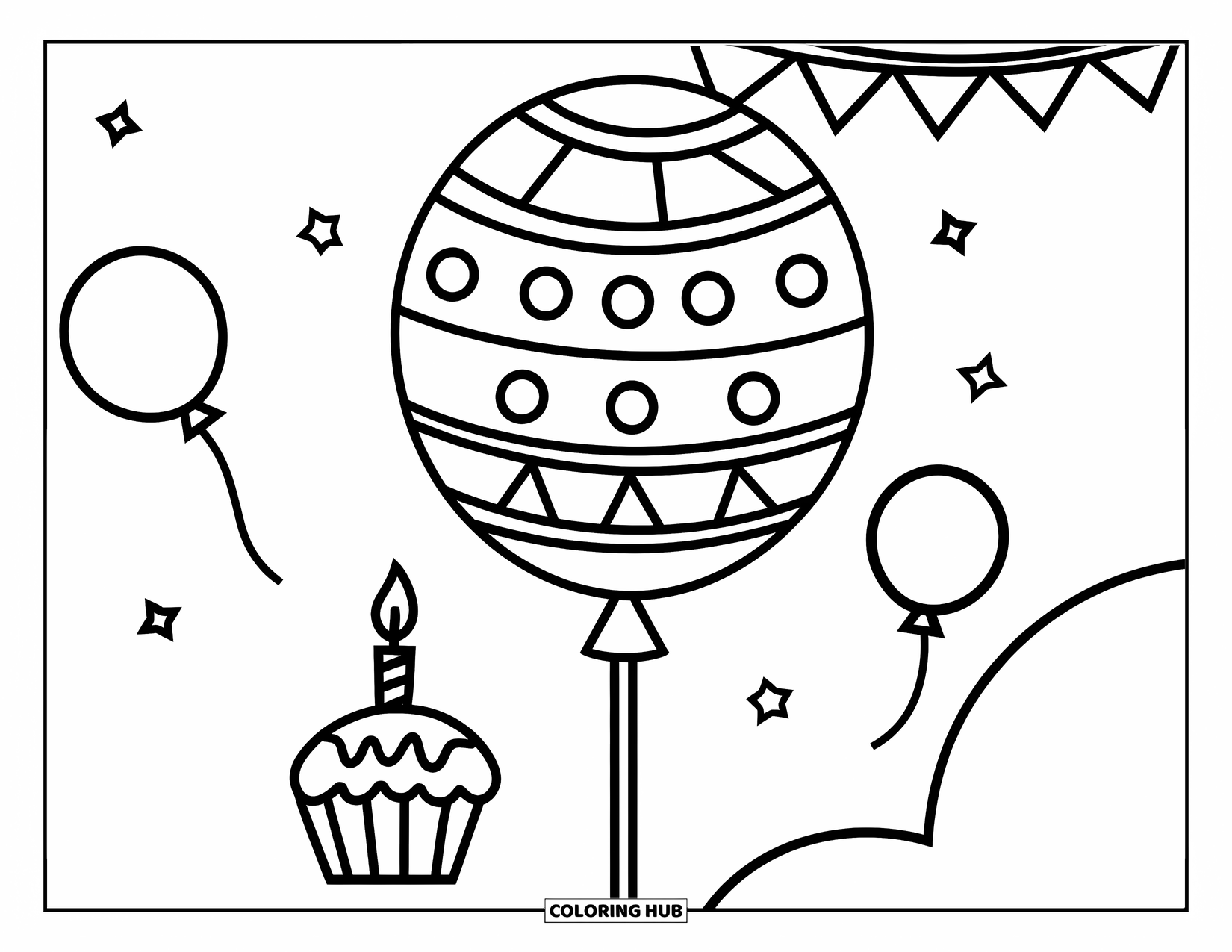 Balloon Coloring Page for Kids: A birthday balloon tied to a pole, floating above a cupcake with a candle