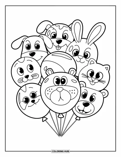 Balloon Coloring Page for Kids: A bouquet of animal-shaped balloons, including a dog, cat, rabbit, and bear