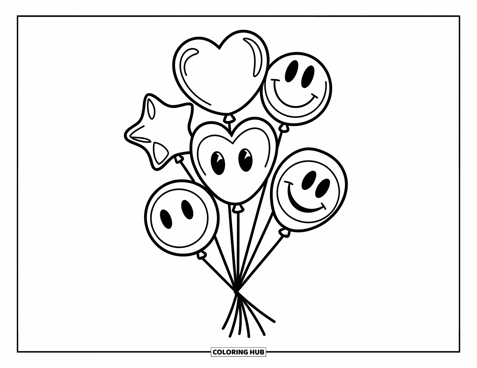 Balloon Coloring Page for Kids: A bundle of five shaped balloons, including hearts, stars, and smiley faces, floating in the air