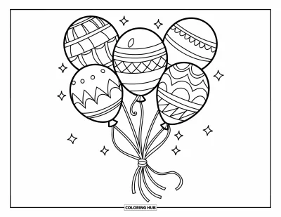 Balloon Coloring Page for Kids: A cheerful bundle of five balloons, each with a unique pattern, floating in the air