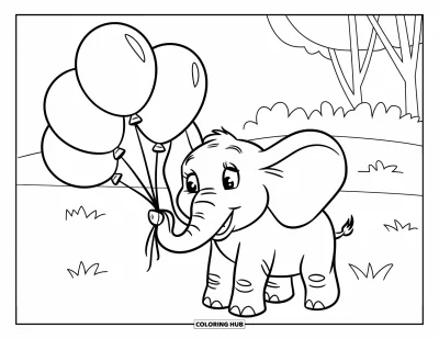 Balloon Coloring Page for Kids: A cheerful little elephant holds a bunch of balloons while standing on a grassy field