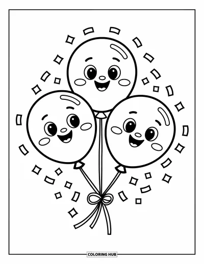 Balloon Coloring Page for Kids: A cheerful set of three smiling balloons floating with confetti all around