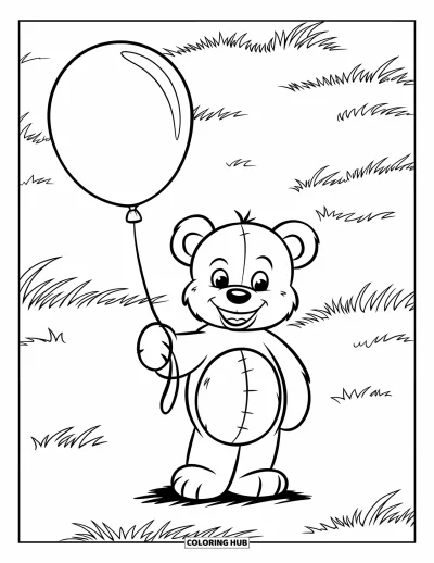 Balloon Coloring Page for Kids: A cheerful teddy bear holding a balloon stands in the middle of a grassy field