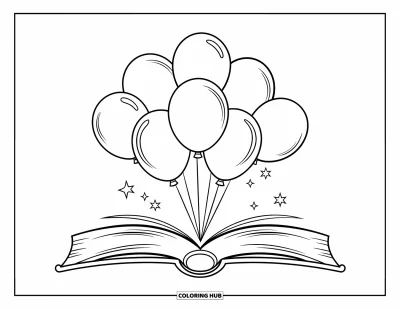 Balloon Coloring Page for Kids: A cluster of balloons floating above an open book filled with a magical story