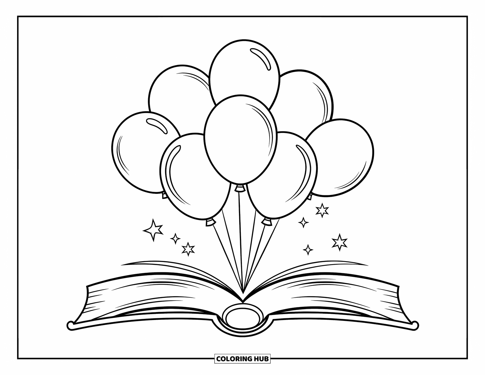 Balloon Coloring Page for Kids: A cluster of balloons floating above an open book filled with a magical story