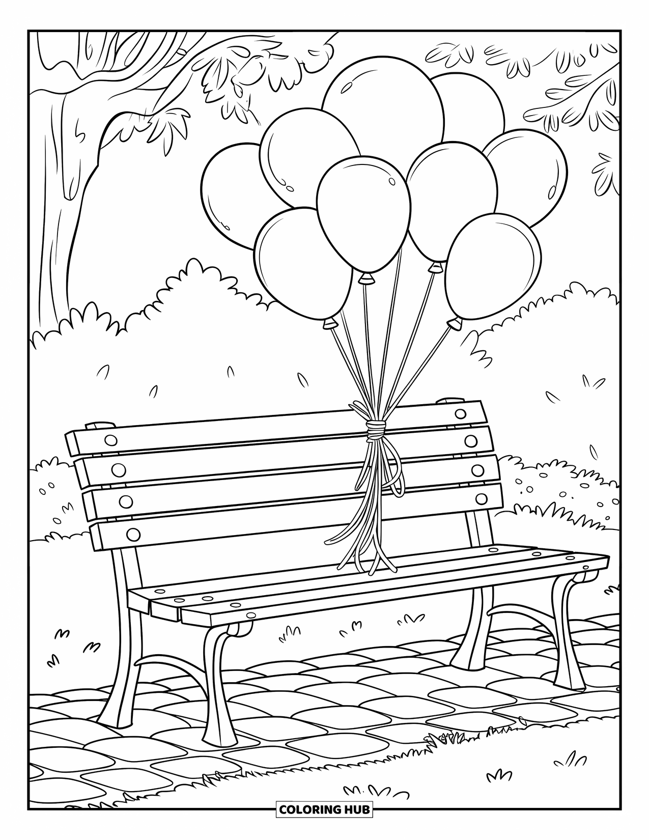 Balloon Coloring Page for Kids: A cozy bench on a cobblestone path, with balloons swaying in the wind