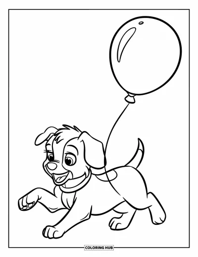 Balloon Coloring Page for Kids: A curious puppy jumps after a balloon drifting just above its head