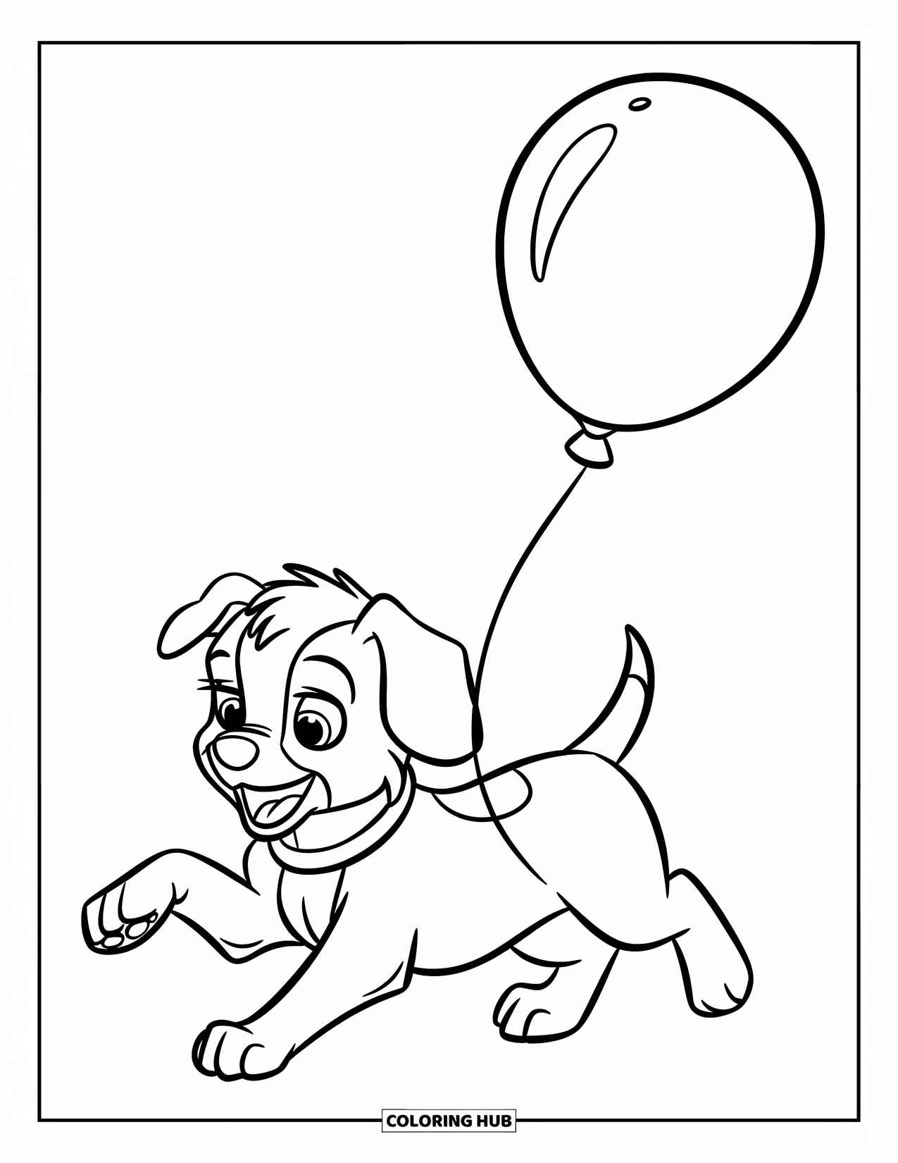 Balloon Coloring Page for Kids: A curious puppy jumps after a balloon drifting just above its head