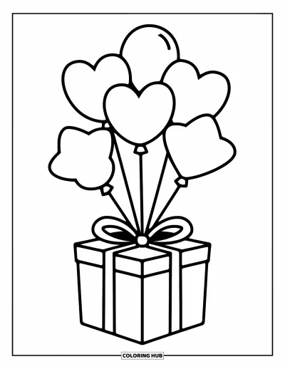 Balloon Coloring Page for Kids: A festive present box with six shaped balloons tied to it
