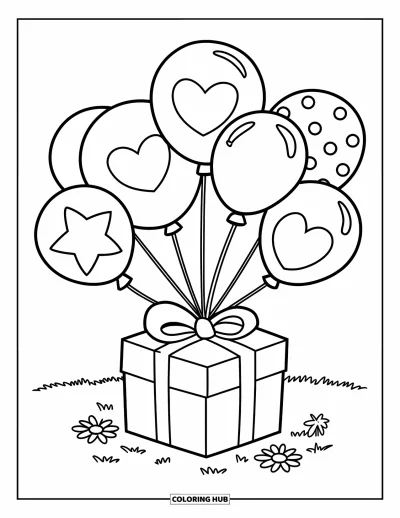 Balloon Coloring Page for Kids: A floating gift box with six balloons in different shapes above a flower-filled lawn