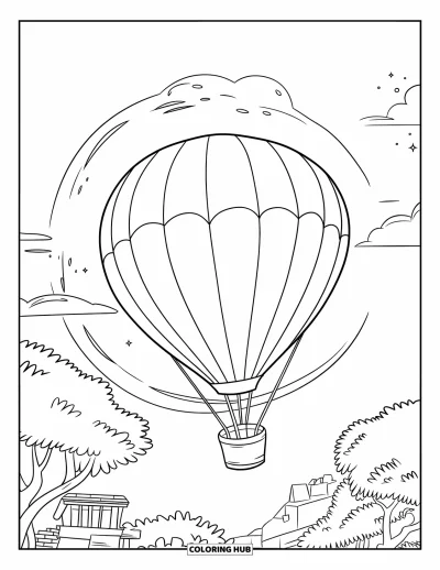 Balloon Coloring Page for Kids: A floating heart balloon soaring near the moon with trees and buildings below