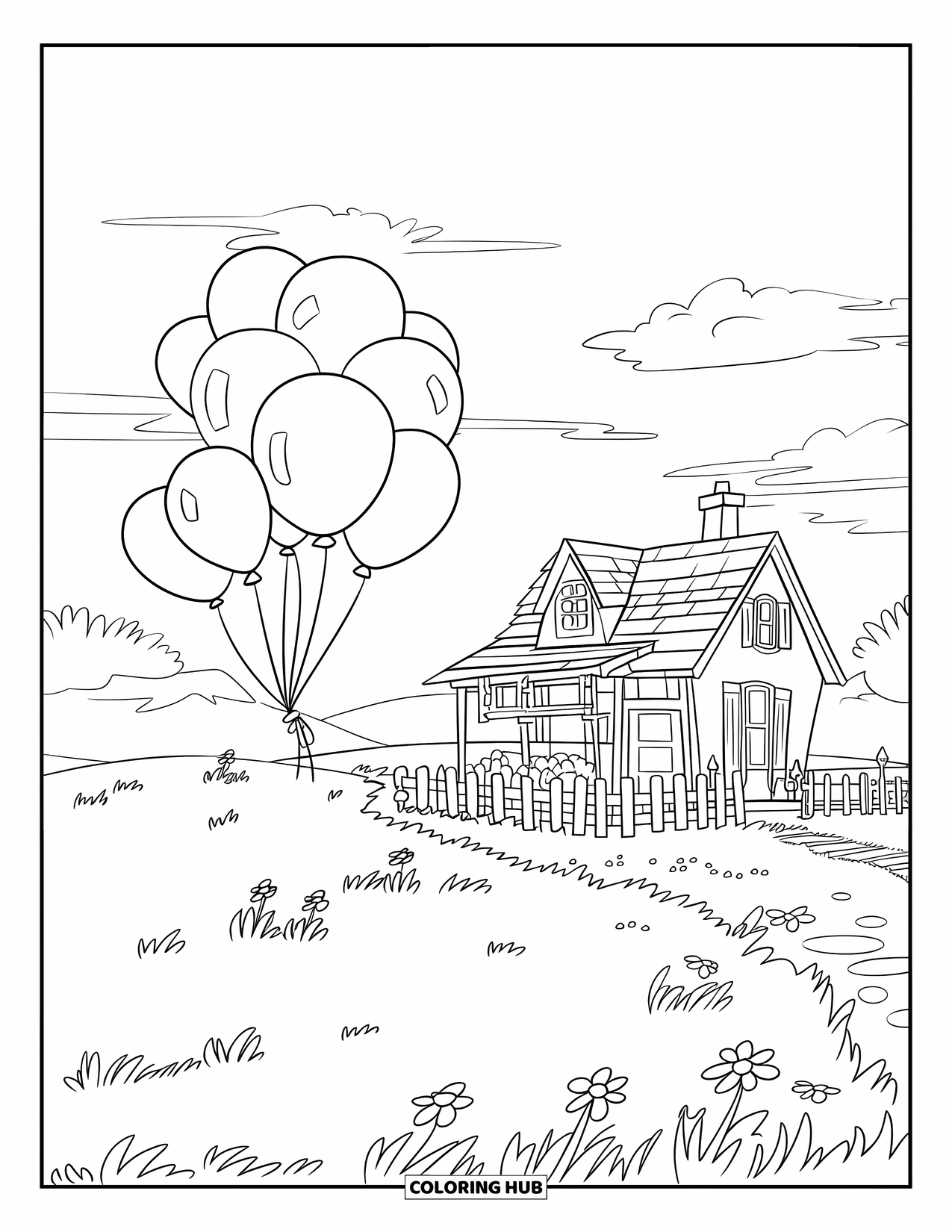 Balloon Coloring Page for Kids: A grassy field with a small house, flowers, a chimney, and balloons floating in the sky
