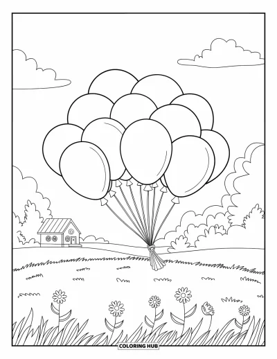 Balloon Coloring Page for Kids: A group of balloons floats above a flower-filled field with a cozy house in the distance