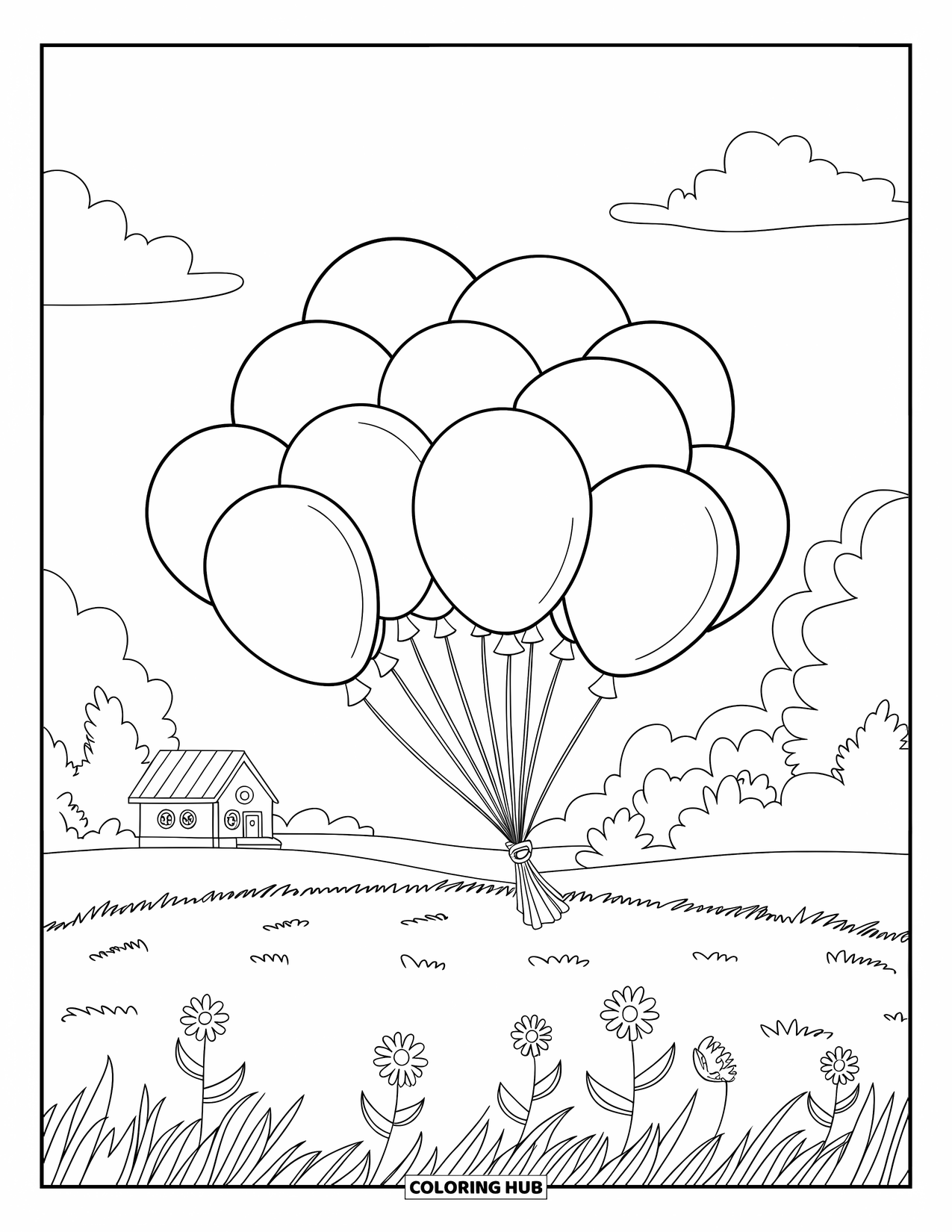Balloon Coloring Page for Kids: A group of balloons floats above a flower-filled field with a cozy house in the distance