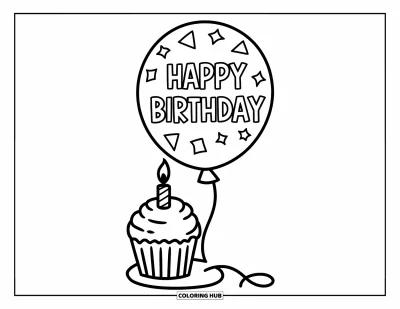 Balloon Coloring Page for Kids: A "Happy Birthday" balloon with a cupcake topped with icing, a cherry, and a lit candle