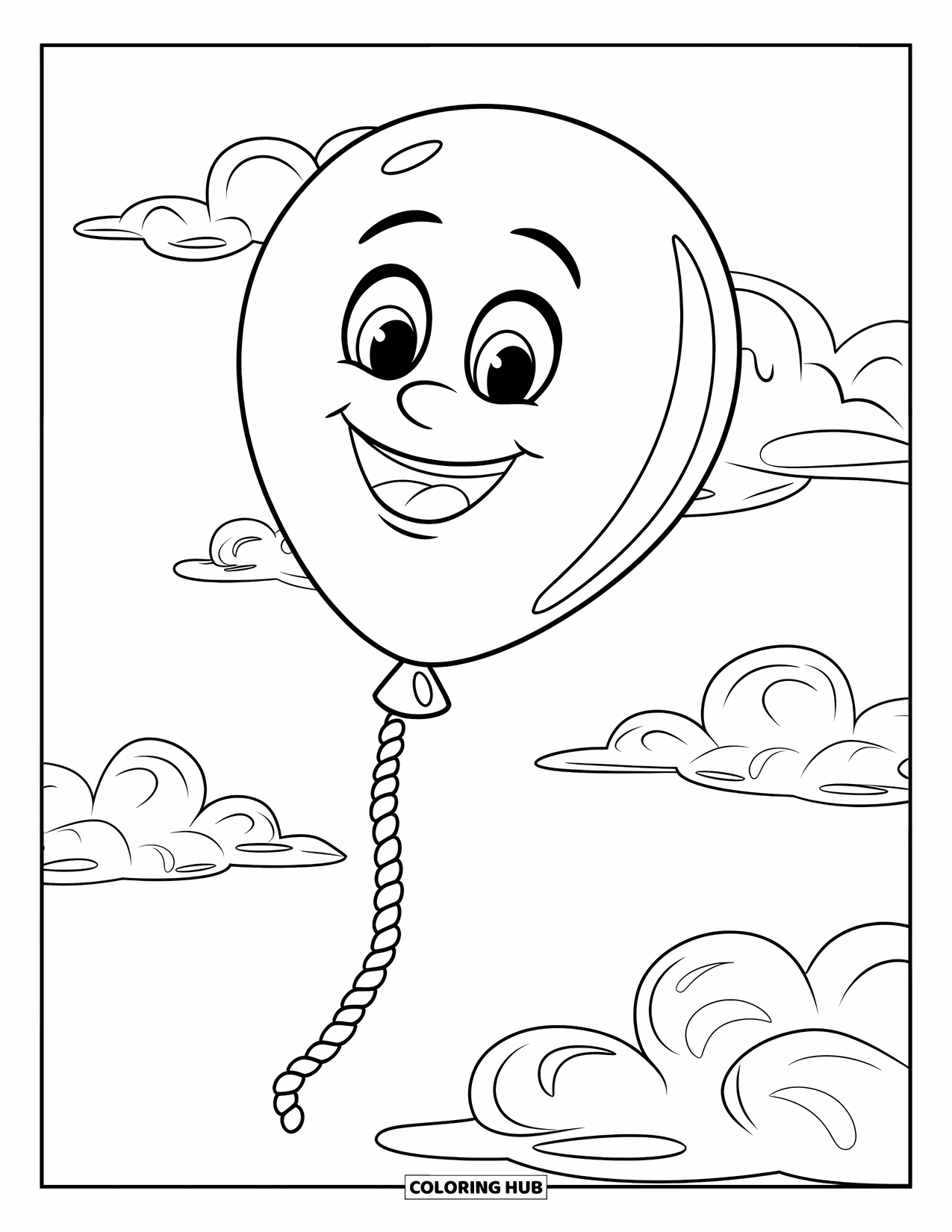 Balloon Coloring Page for Kids: A happy-faced balloon floats among a few fluffy clouds in a clear sky