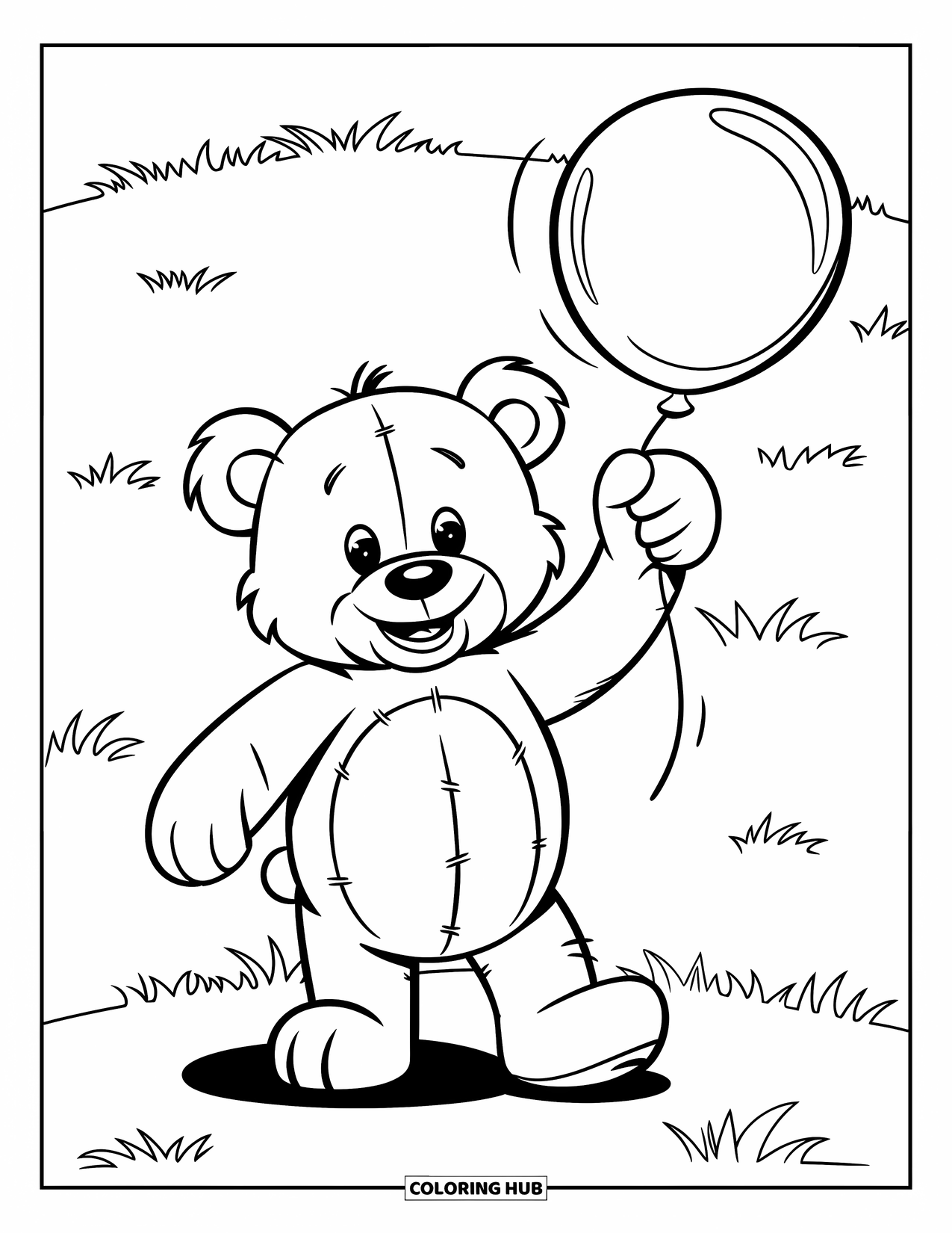 Balloon Coloring Page for Kids: A happy teddy bear stands in a grassy field, holding a balloon by the string
