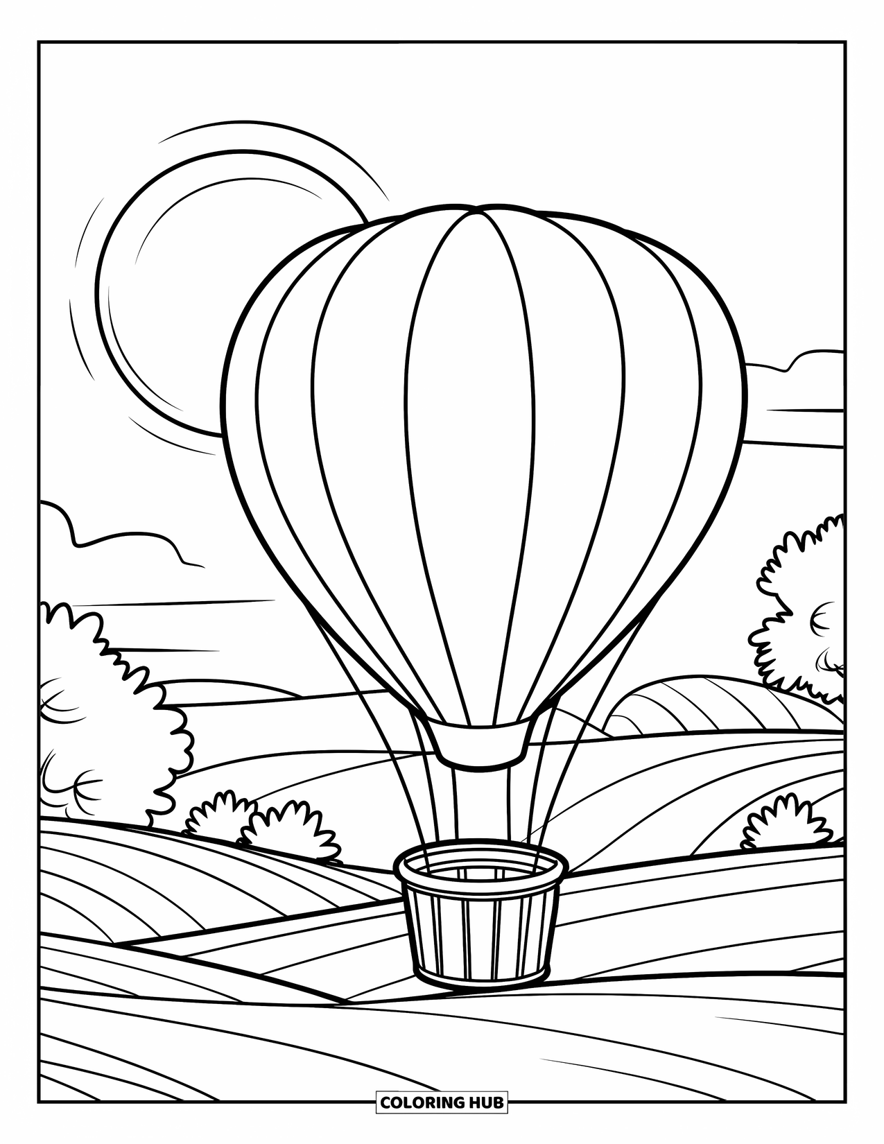 Balloon Coloring Page for Kids: A heart balloon floating over rolling hills under a glowing moonlit sky