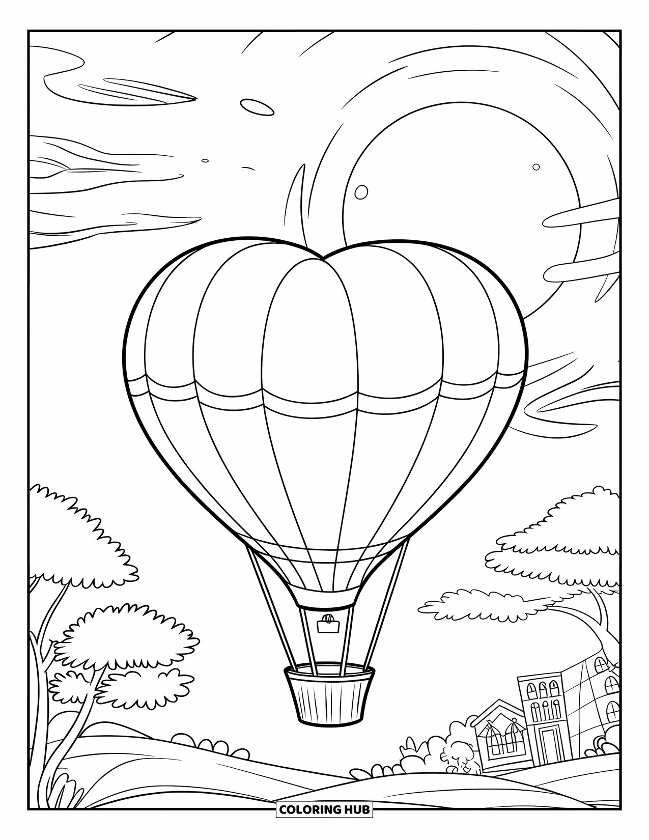Balloon Coloring Page for Kids: A heart-shaped hot air balloon drifting near a glowing moon over a peaceful landscape