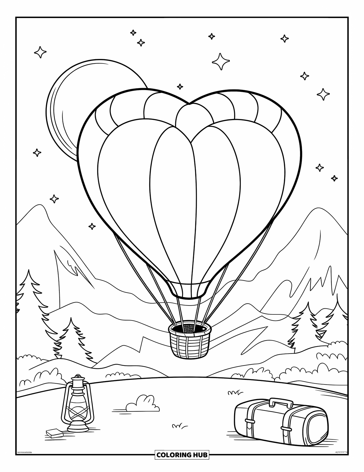 Balloon Coloring Page for Kids: A heart-shaped hot air balloon rising above mountains, carrying a basket on the ground