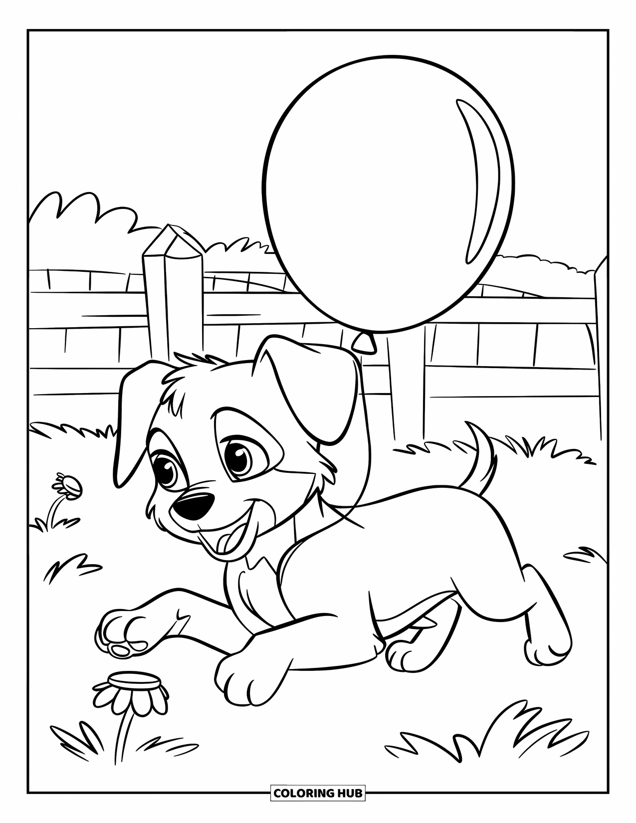 Balloon Coloring Page for Kids: A joyful puppy runs through a grassy field, chasing a balloon near a fence