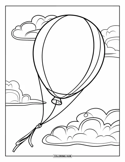 Balloon Coloring Page for Kids: A large balloon with a thick string floating among fluffy clouds in the sky
