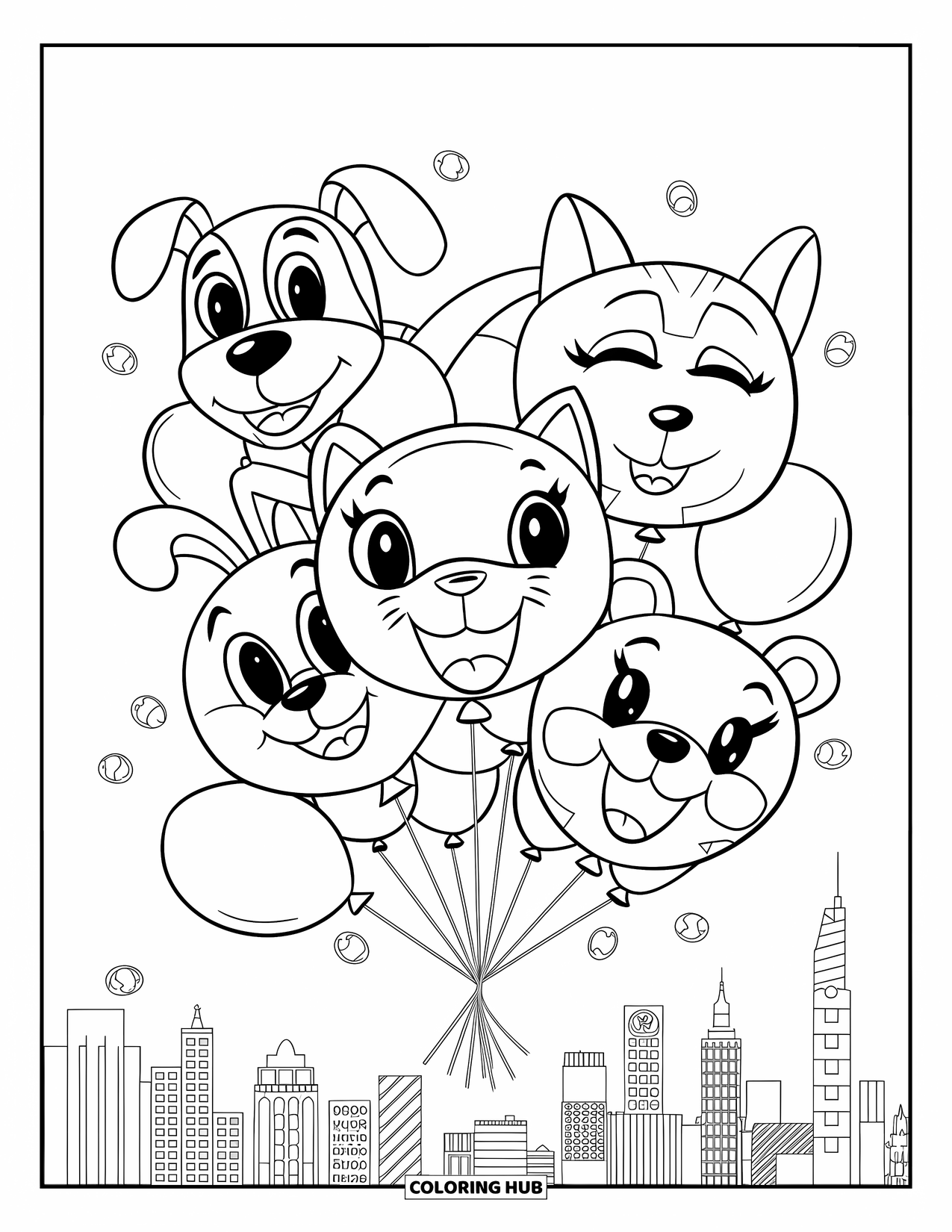 Balloon Coloring Page for Kids: A playful bouquet of animal-shaped balloons drifting near a city skyline