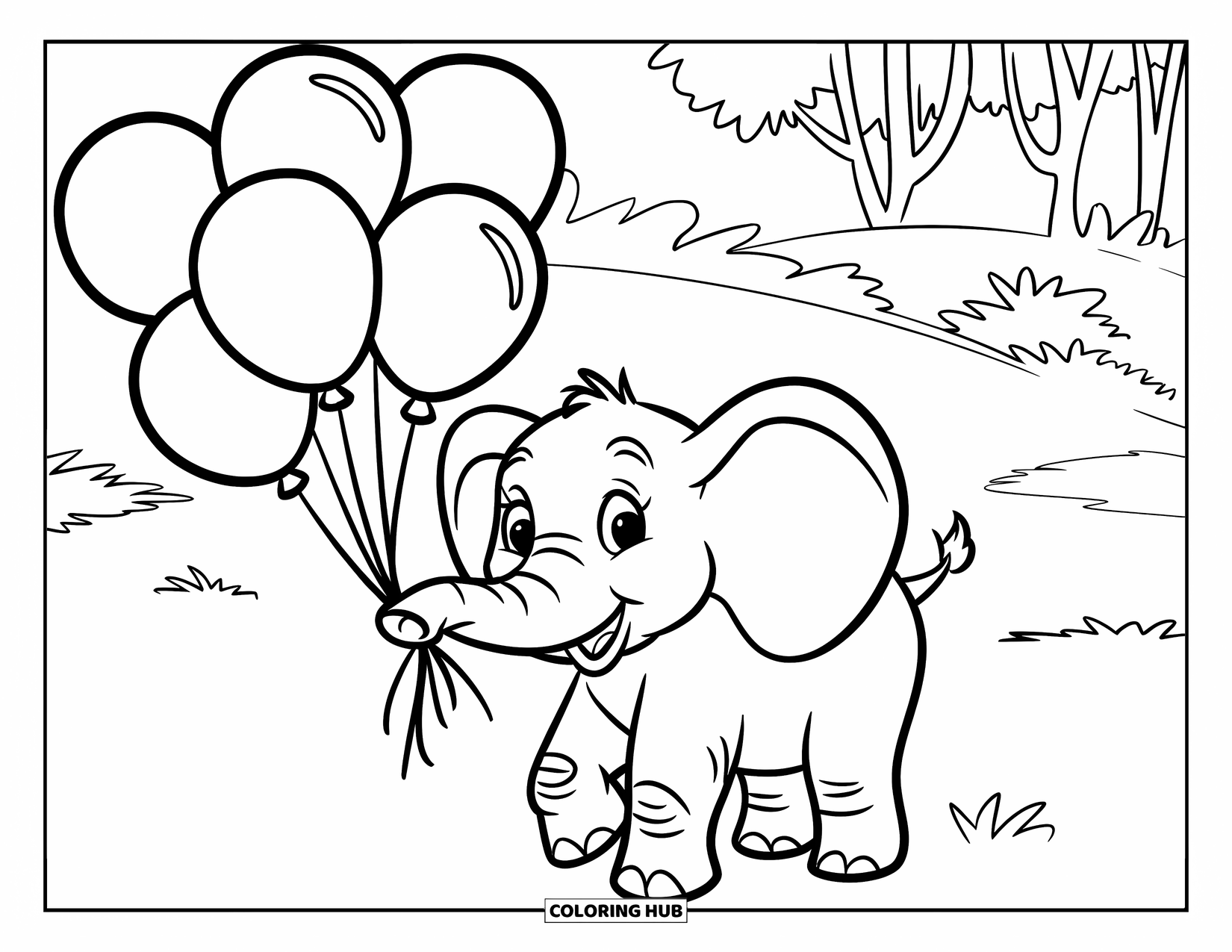 Balloon Coloring Page for Kids: A playful elephant stands on grass, holding balloons with trees in the background