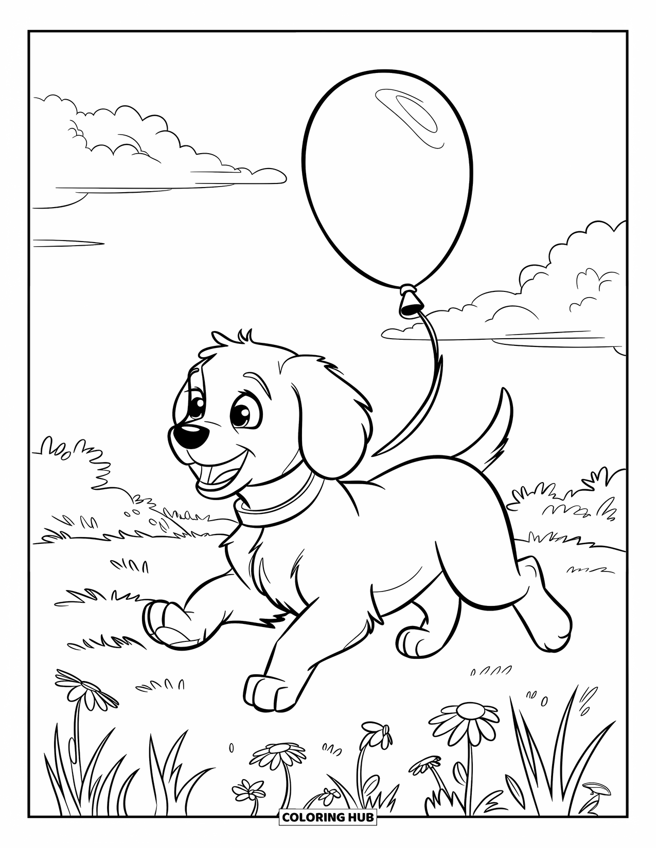 Balloon Coloring Page for Kids: A playful puppy chases a floating balloon in a lush field