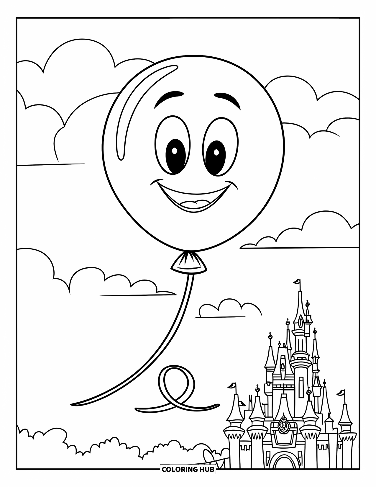 Balloon Coloring Page for Kids: A smiling balloon drifts in the sky with a castle in the background