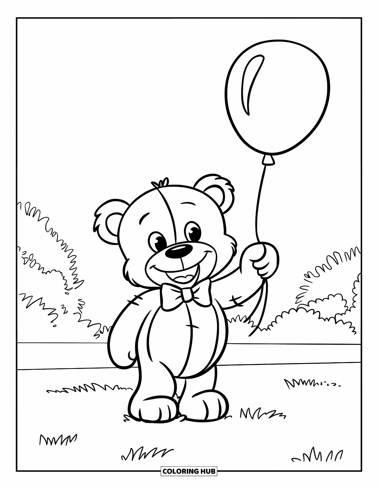 Balloon Coloring Page for Kids: A smiling teddy bear with a bow tie holds a balloon while standing in a grassy field
