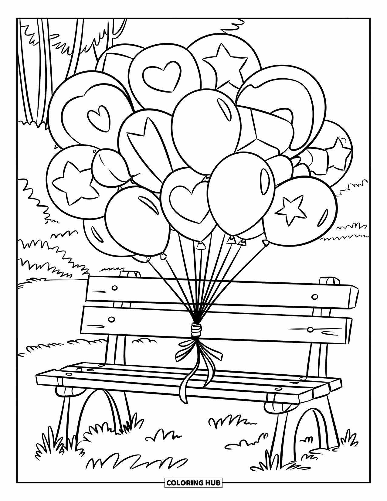 Balloon Coloring Page for Kids: A wooden bench with a bunch of balloons tied to it in a peaceful park