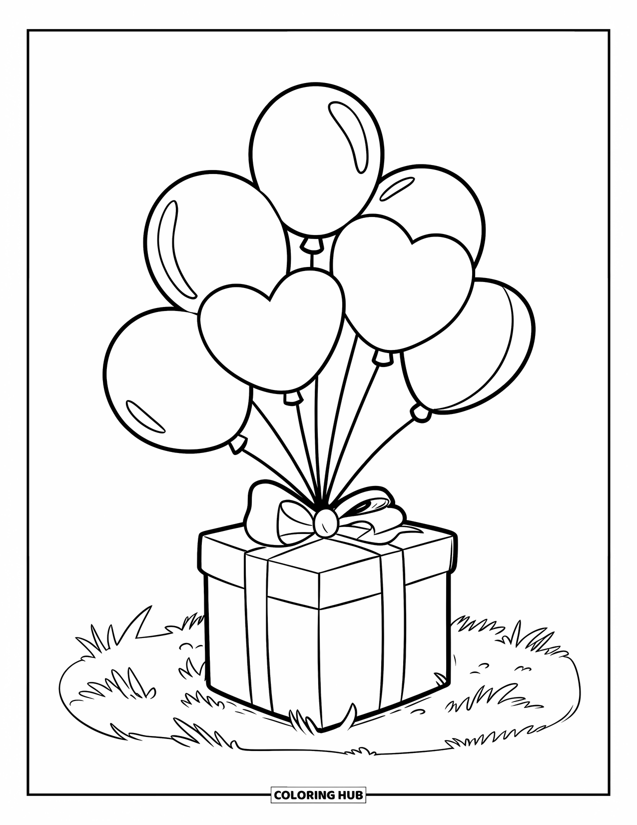 Balloon Coloring Page for Kids: A wrapped gift box with six balloons tied to it, set on a grassy area