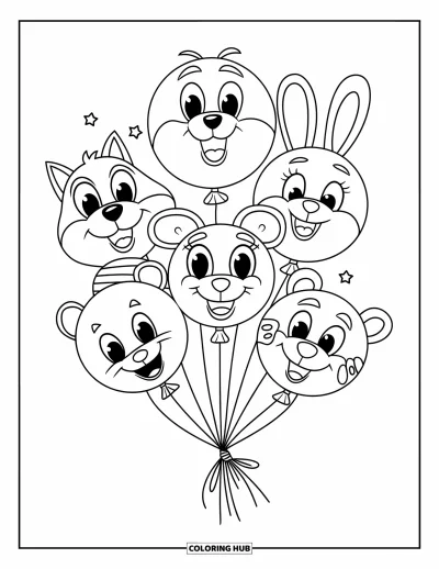 Balloon Coloring Page for Kids: Animal-shaped balloons tied together, floating high in the sky