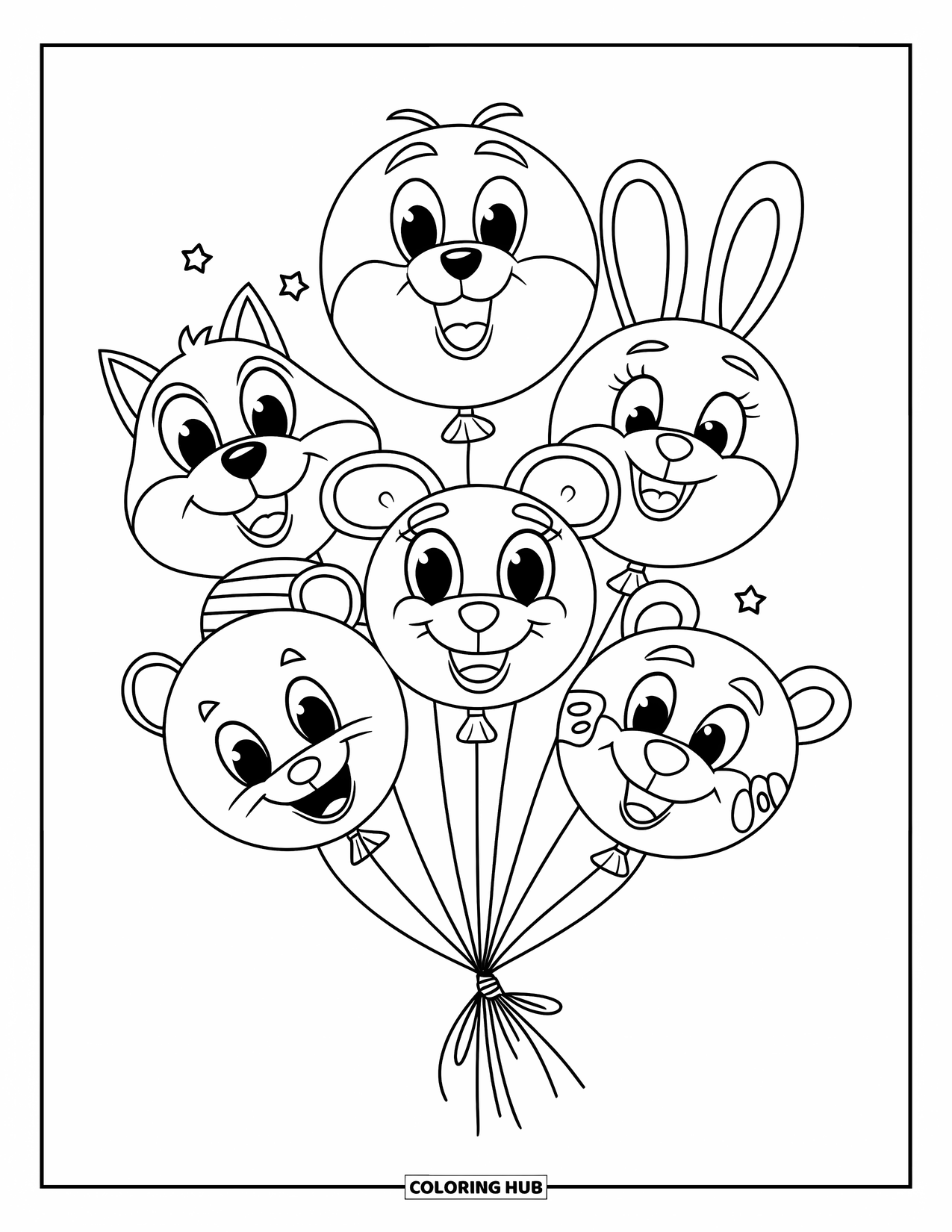 Balloon Coloring Page for Kids: Animal-shaped balloons tied together, floating high in the sky