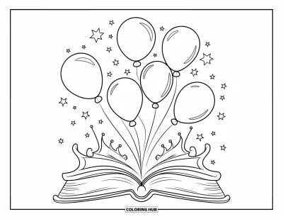 Balloon Coloring Page for Kids: Balloons shaped like a heart, star, and cloud rising above an open storybook