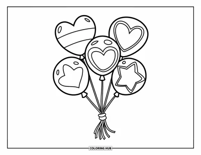 Balloon Coloring Page for Kids: Five shaped balloons, including hearts, stars, and circles, tied together with long strings