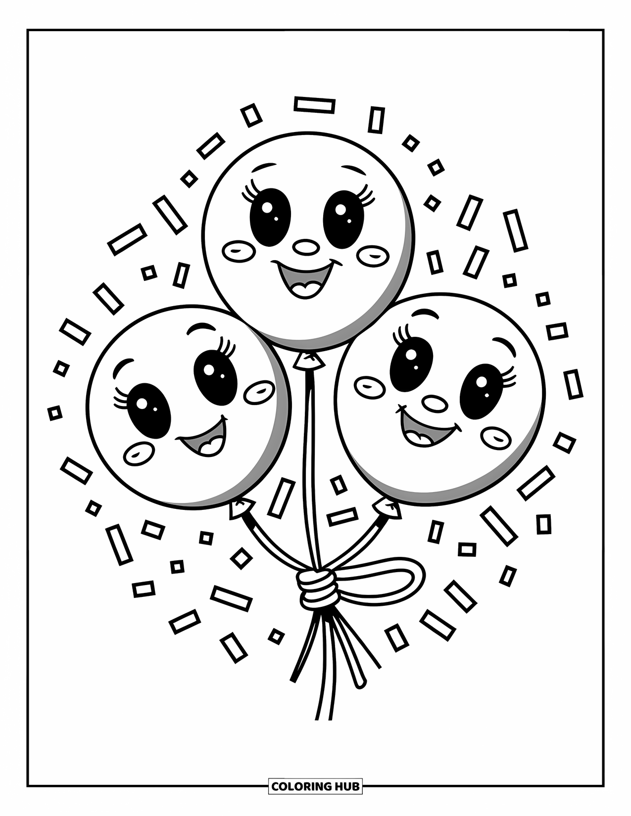 Balloon Coloring Page for Kids: Three happy-faced balloons tied together, floating among scattered confetti