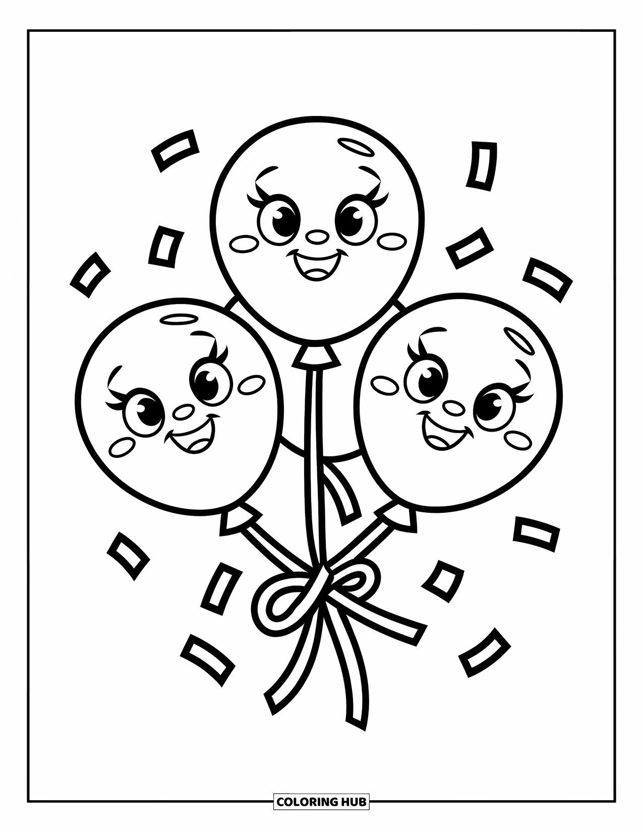 Balloon Coloring Page for Kids: Three round balloons with cute faces tied together, surrounded by confetti