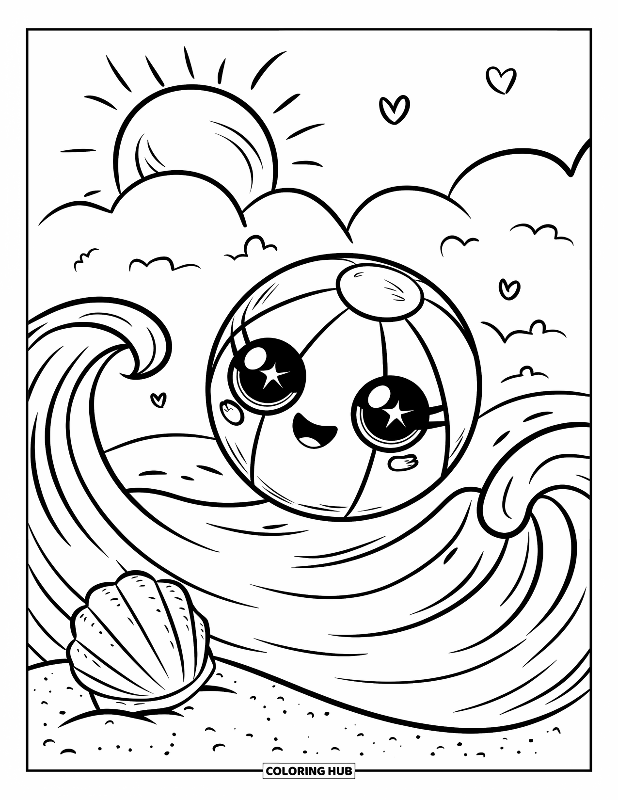 Beach Ball Coloring Page for Adults: A cheerful beach ball drifting on ocean waves, with a tiny seashell and hearts in the sky