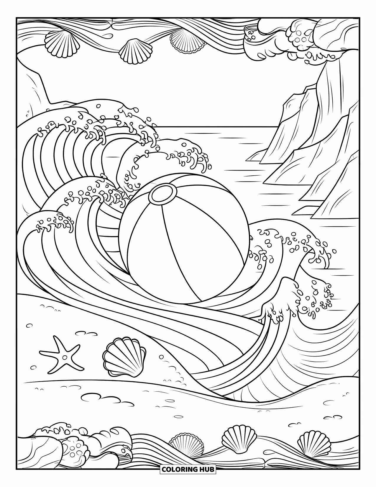 Beach Ball Coloring Page for Adults: A decorative scene of a beach ball in foamy waves, with a starfish and seashell nearby