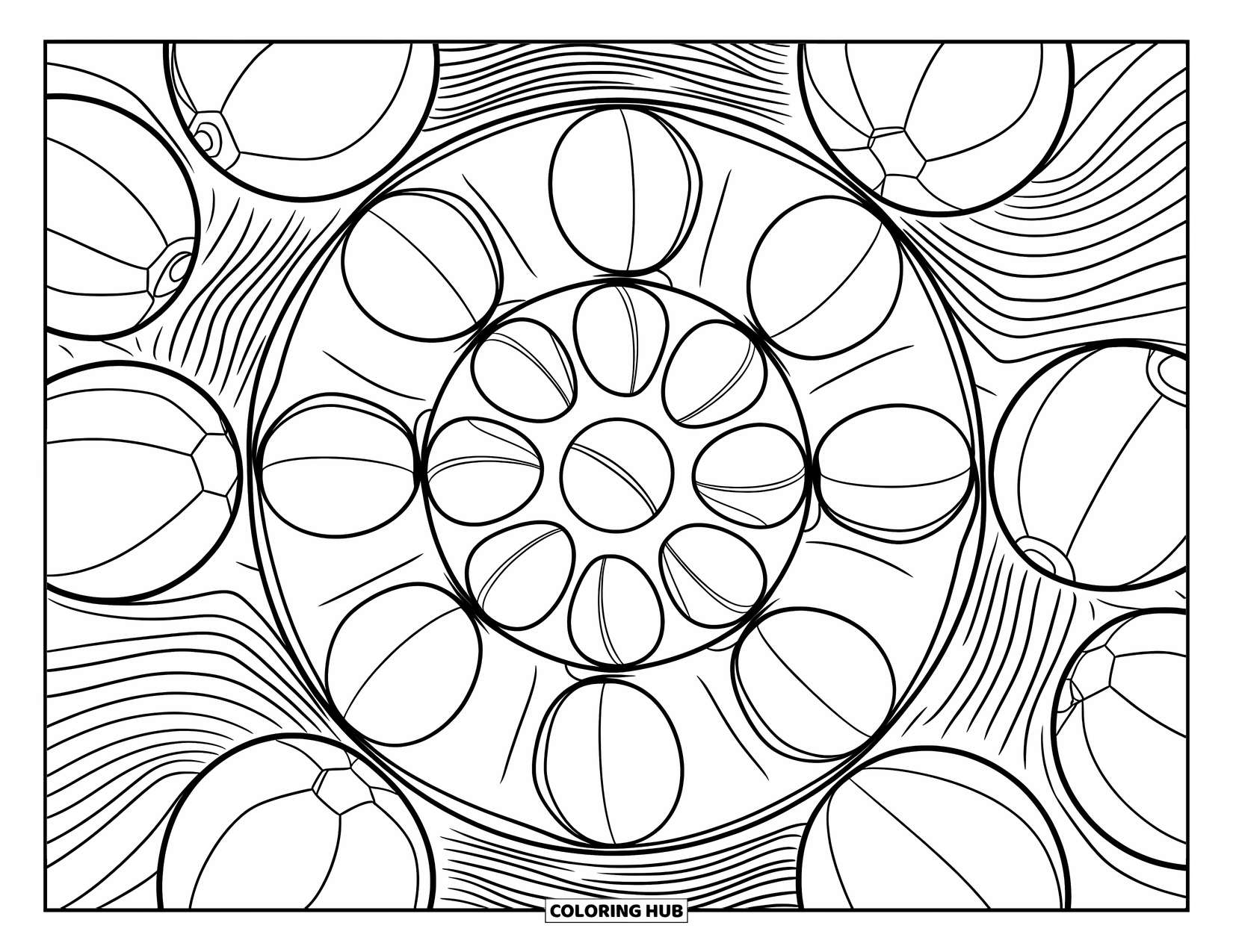 Beach Ball Coloring Page for Adults: A geometric beach ball design arranged in a complex, symmetrical circular pattern