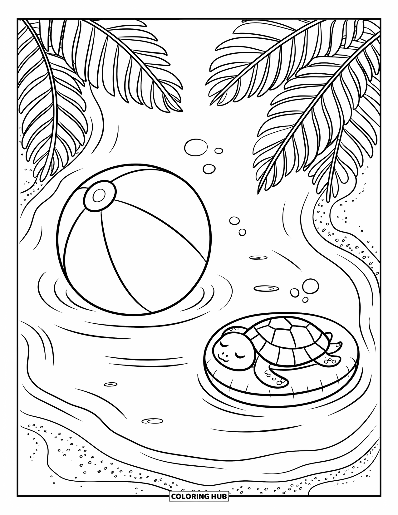 Beach Ball Coloring Page for Adults: A kawaii beach ball floating in a lazy river, surrounded by palm trees and a sleepy turtle