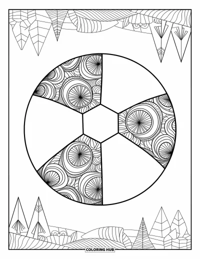Omalovánka plážového míče pro dospělé: Souměrná mandala plážového míče se spirálami a geometrickými motivy v klidné krajině