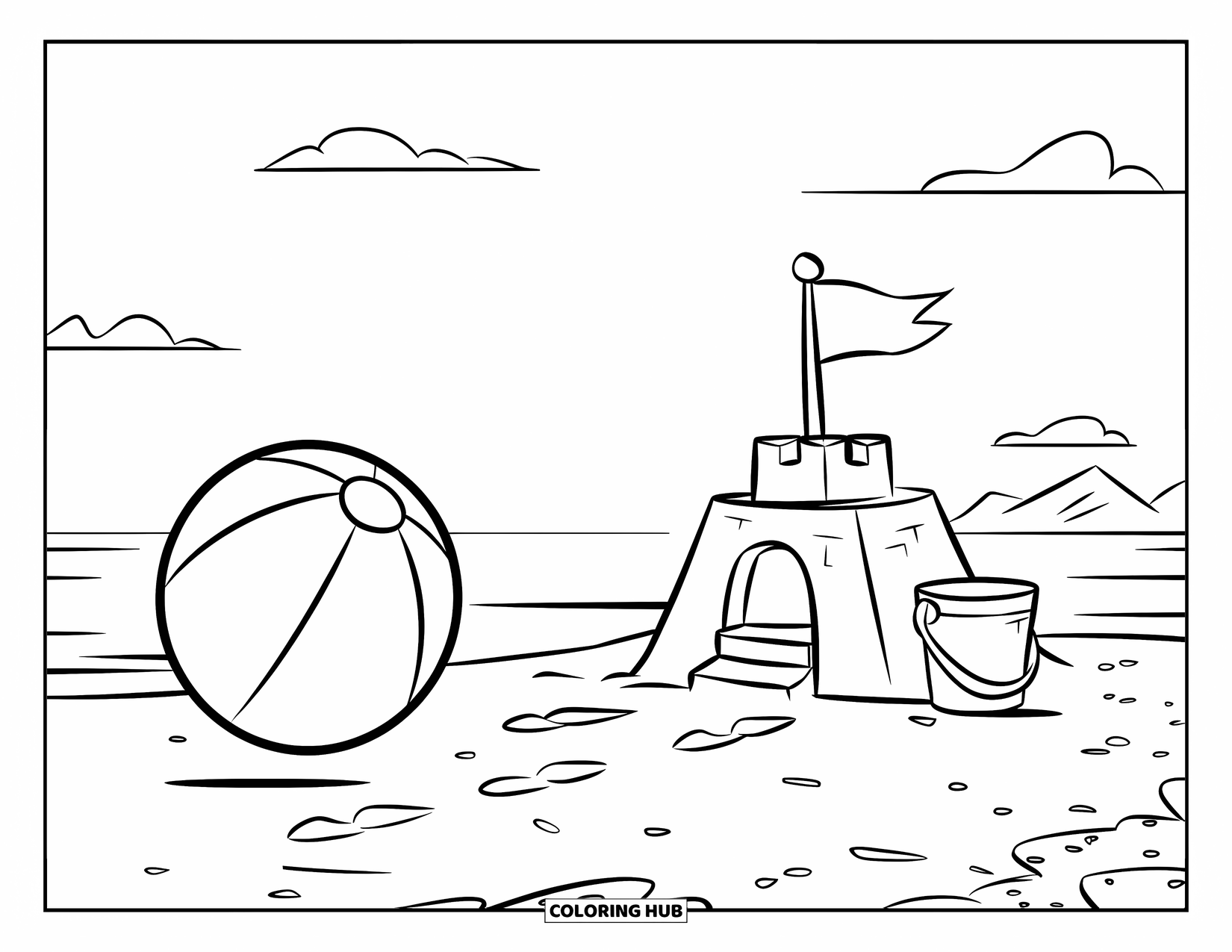Beach Ball Coloring Page for Kids: A beach ball and a sandcastle with footprints leading to it, set on a peaceful beach