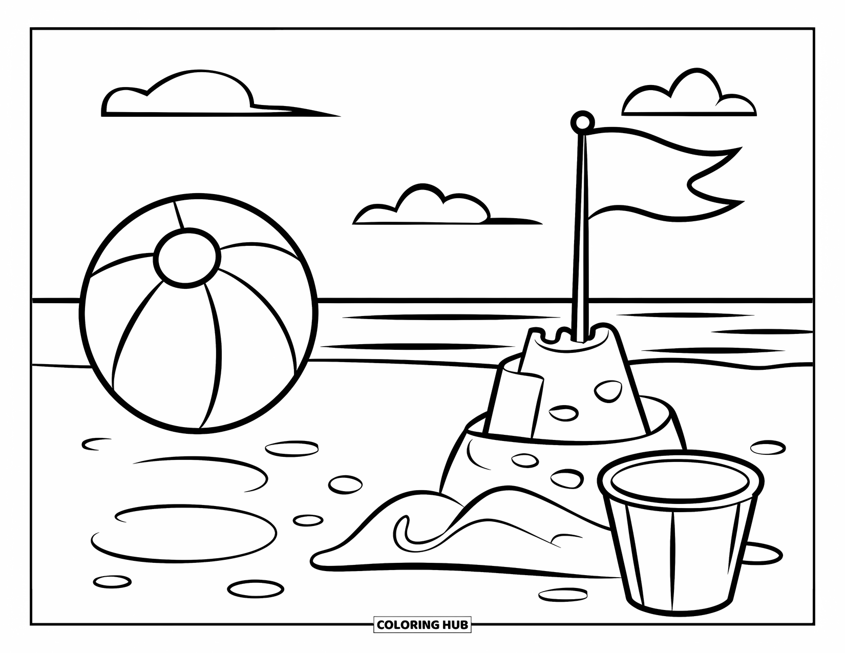 Beach Ball Coloring Page for Kids: A beach ball bouncing near a sandcastle with a flag and a bucket on the shore