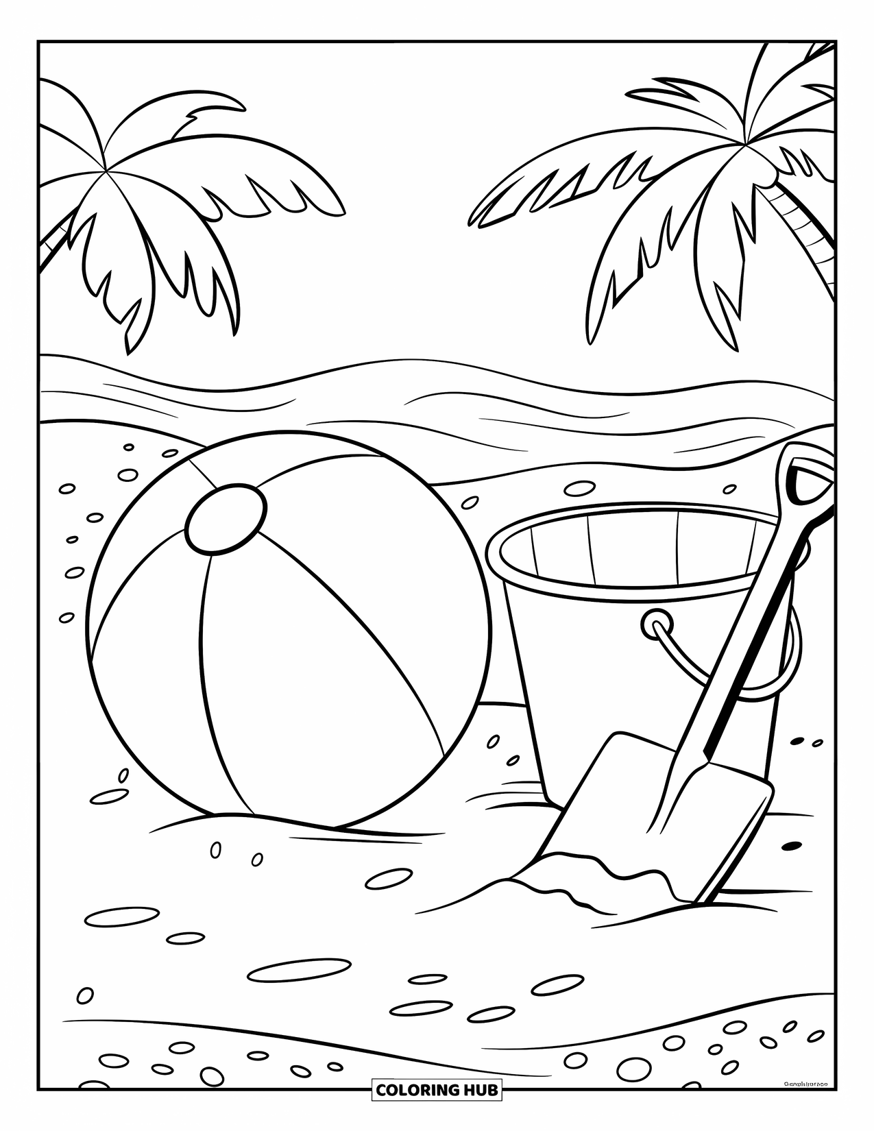 Beach Ball Coloring Page for Kids: A beach ball, bucket, and shovel resting on textured sand with palm trees in the background
