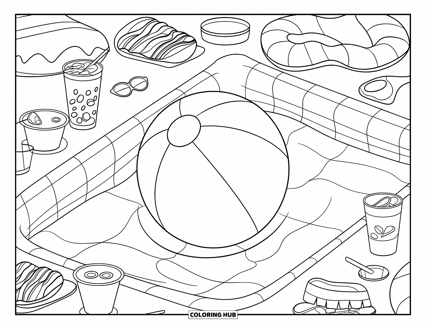 Beach Ball Coloring Page for Kids: A beach ball drifting in a pool with snacks and drinks scattered around