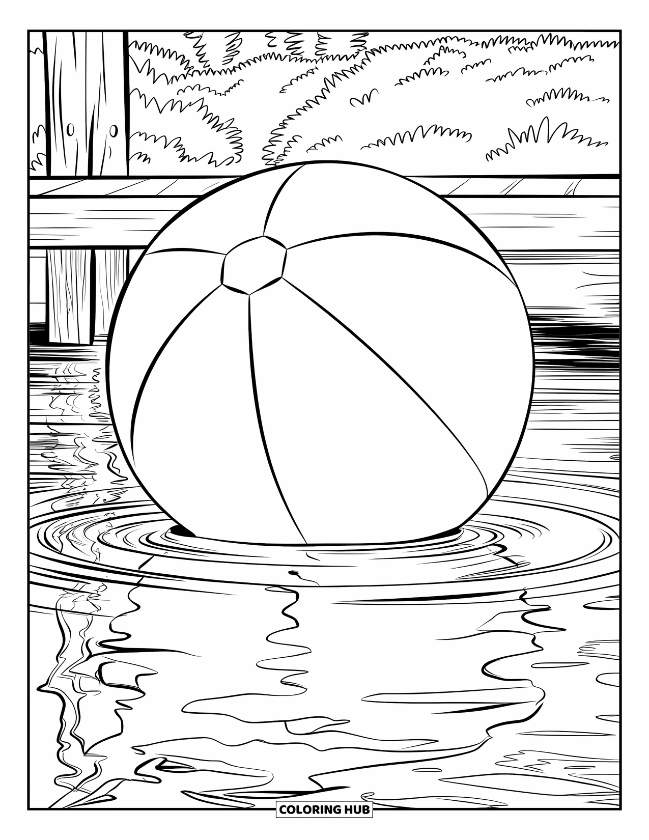 Beach Ball Coloring Page for Kids: A beach ball drifting on water with reflections of trees and a wooden dock nearby