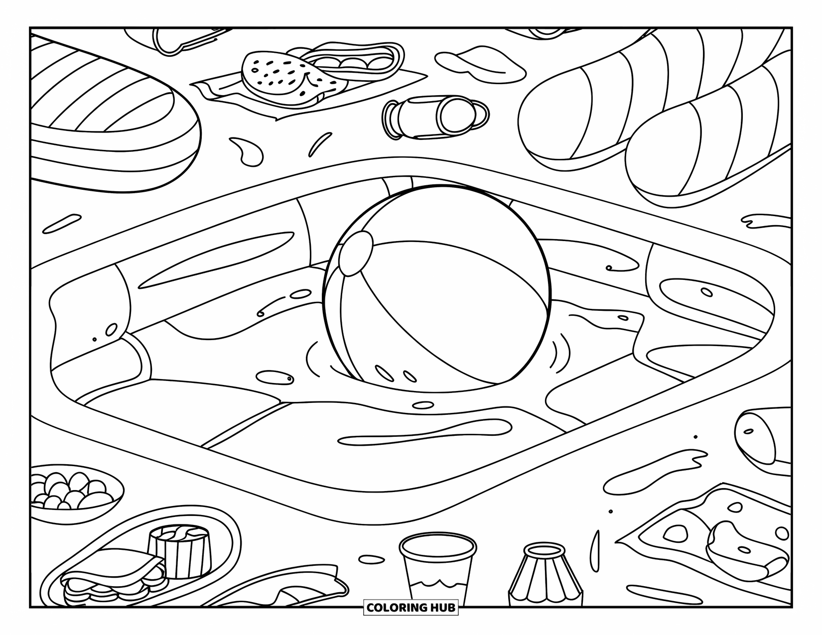 Beach Ball Coloring Page for Kids: A beach ball floating in an inflatable pool surrounded by snacks, drinks, and pool floats